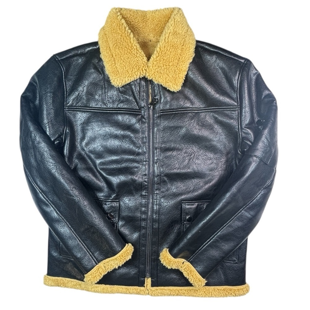 Men’s Faux Leather Sherpa Lined Jacket Vintage Collared Long Sleeve large - Picture 2 of 10